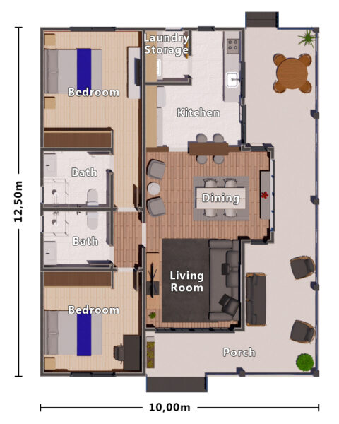 Plano de Casa de 2 Dormitorios con Porche