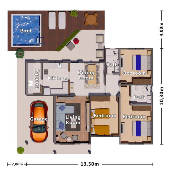 3 Bedroom House Plan With Swimming Pool H7