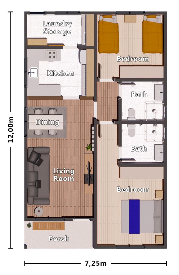 H1r – Floor Plan simple 2 bedroom house floor plan design