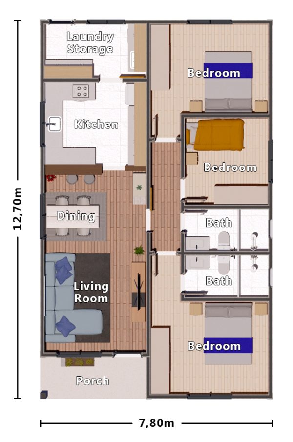 H3r – Floor Plan simple 3 bedroom house plan design