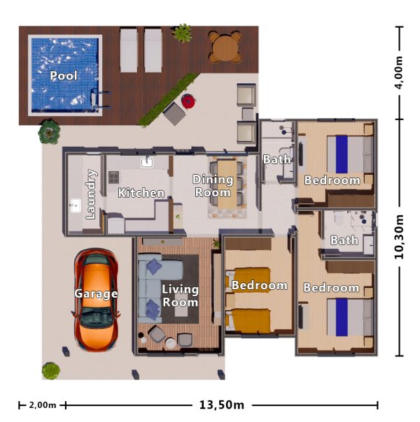 H7 – Floor Plan 3 bedroom house floor plan with swimming pool
